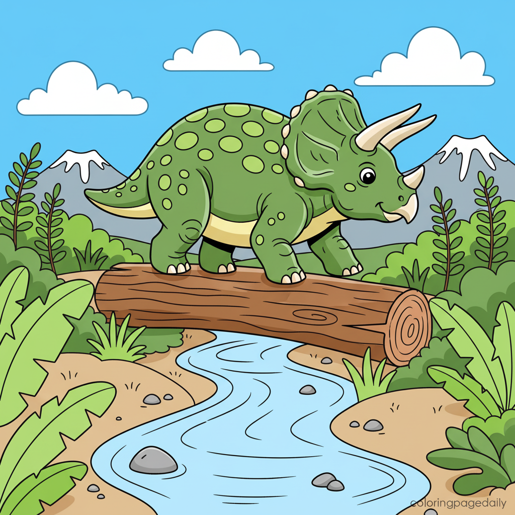 Triceratops Log Crossing - Colored reference example for this printable coloring page
