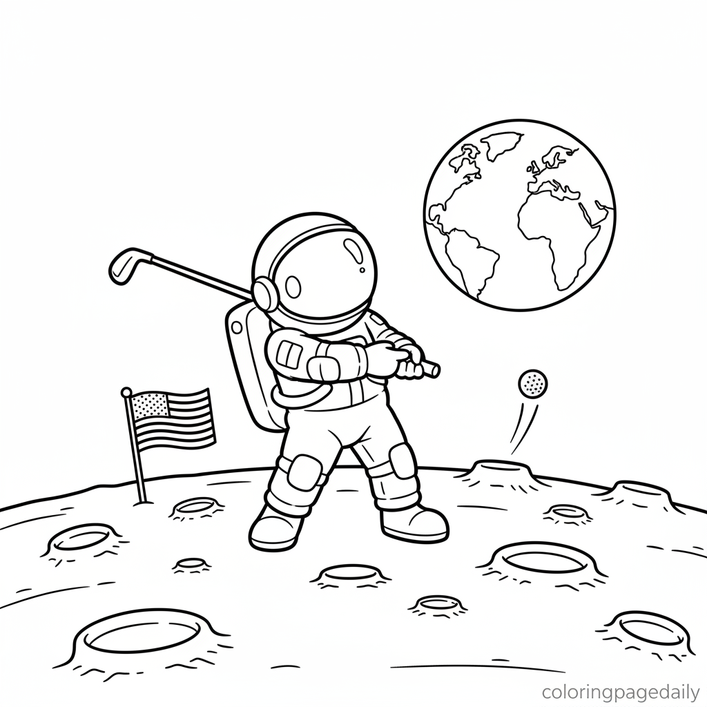 Astronaut Playing Moon Golf - Black and white coloring page ready to print