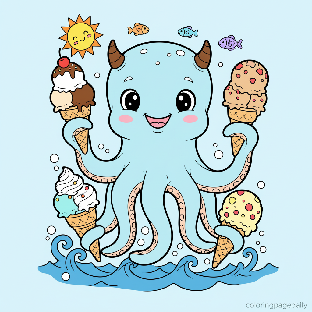 Kraken's Ice Cream Treat - Colored reference example for this printable coloring page