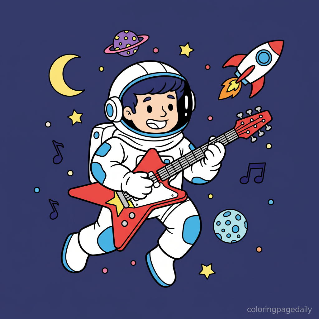 Rock Star Astronaut - Colored reference example for this printable coloring page