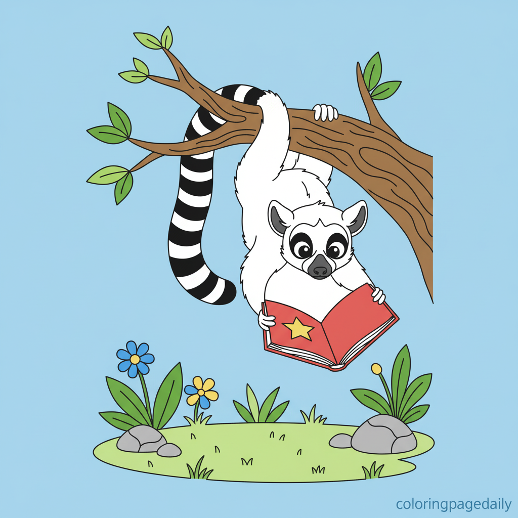Lemur Reading a Book - Colored reference example for this printable coloring page