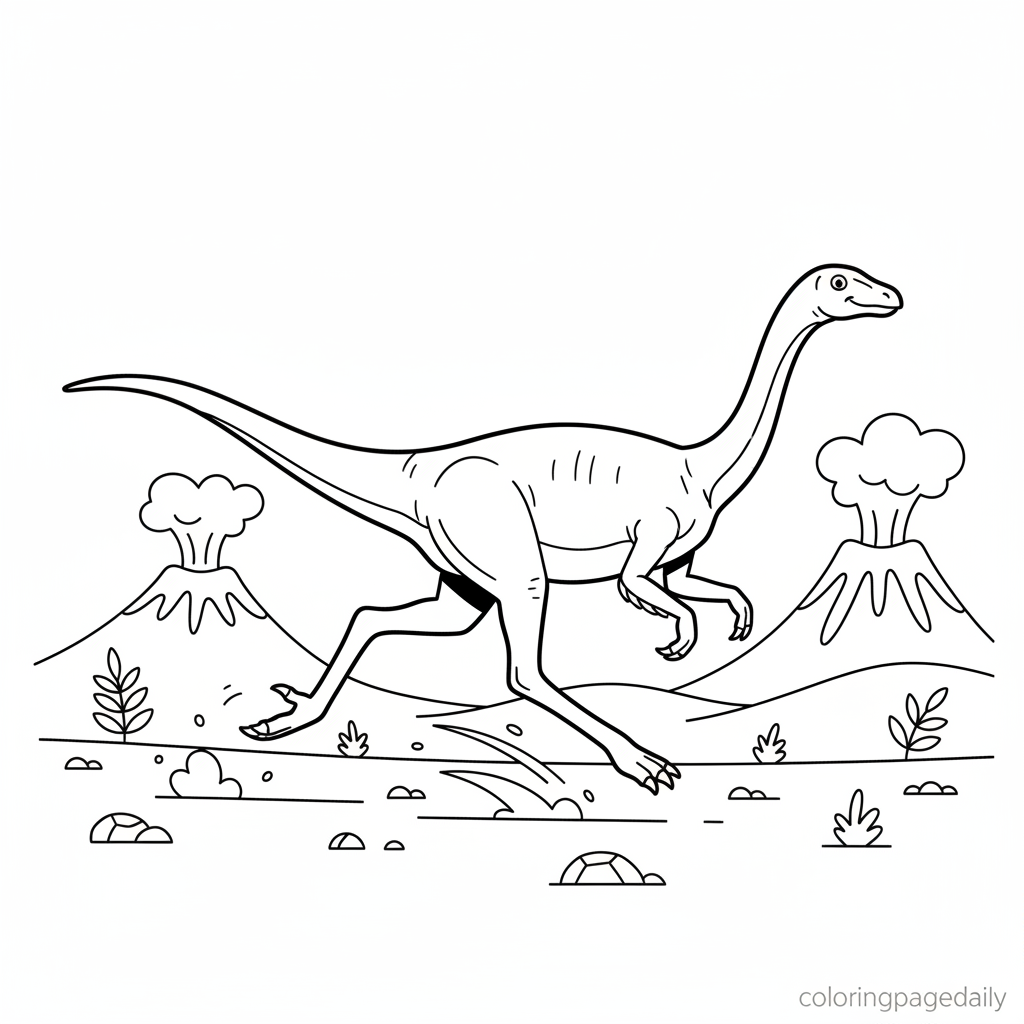 Gallimimus Running Fast - Black and white coloring page ready to print