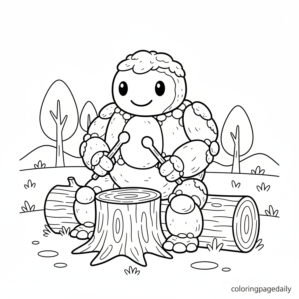 Pebble Golem Playing Drum - Black and white coloring page ready to print