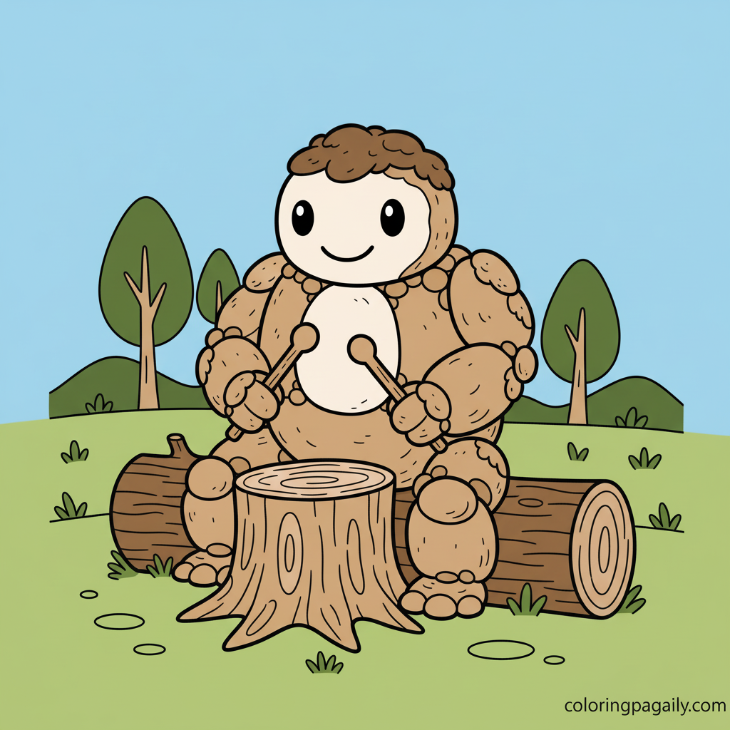 Pebble Golem Playing Drum - Colored reference example for this printable coloring page