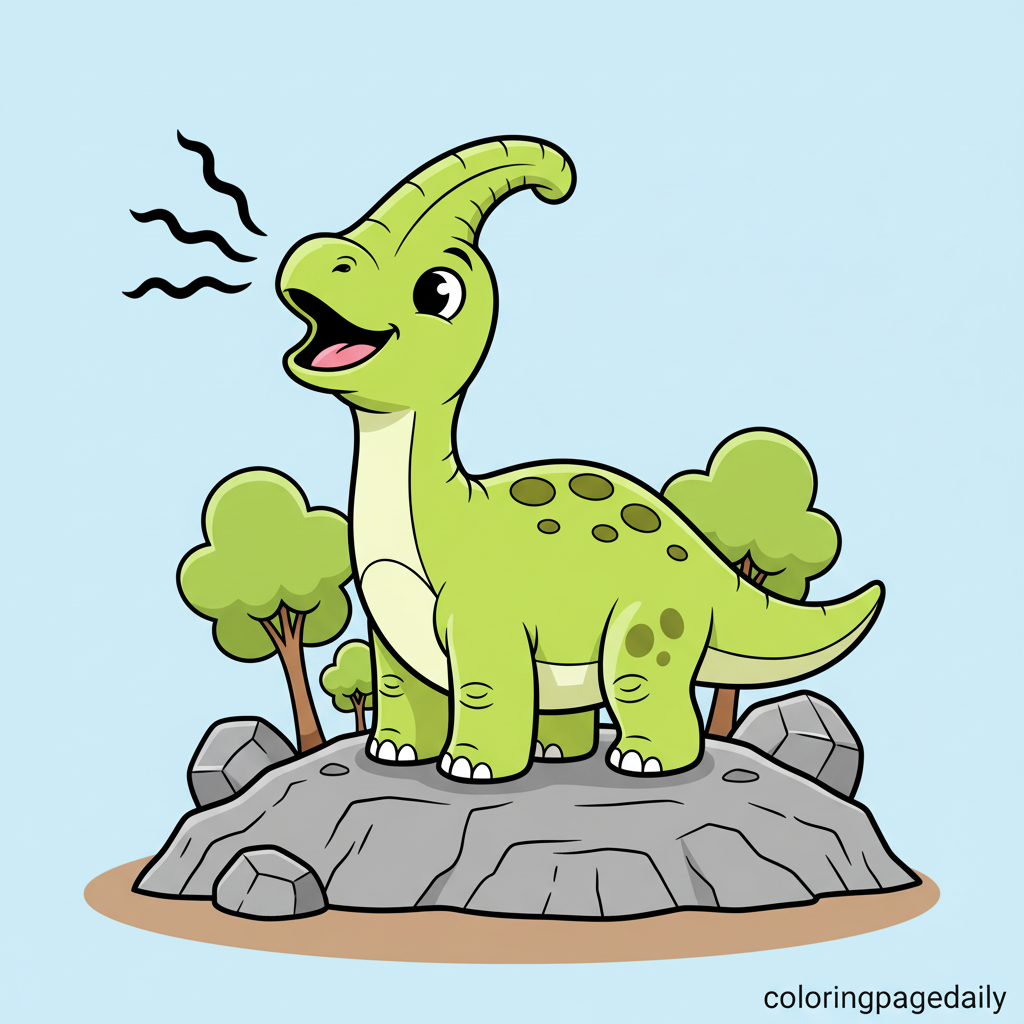 Parasaurolophus Calls Hello - Colored reference example for this printable coloring page