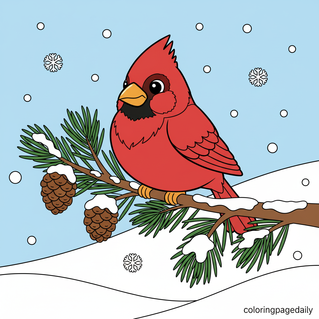 Cardinal on Snowy Branch - Colored reference example for this printable coloring page