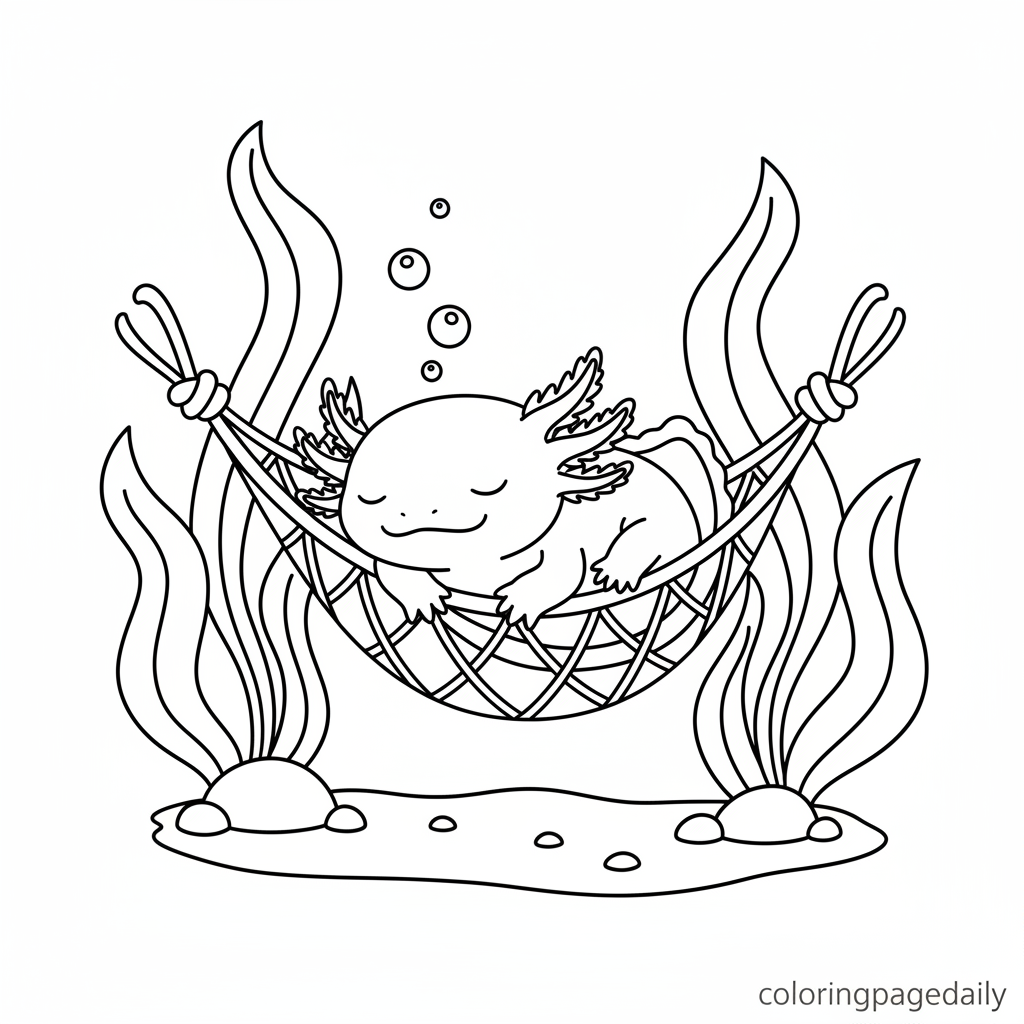 Axolotl Sleeping in Seaweed Hammock - Black and white coloring page ready to print