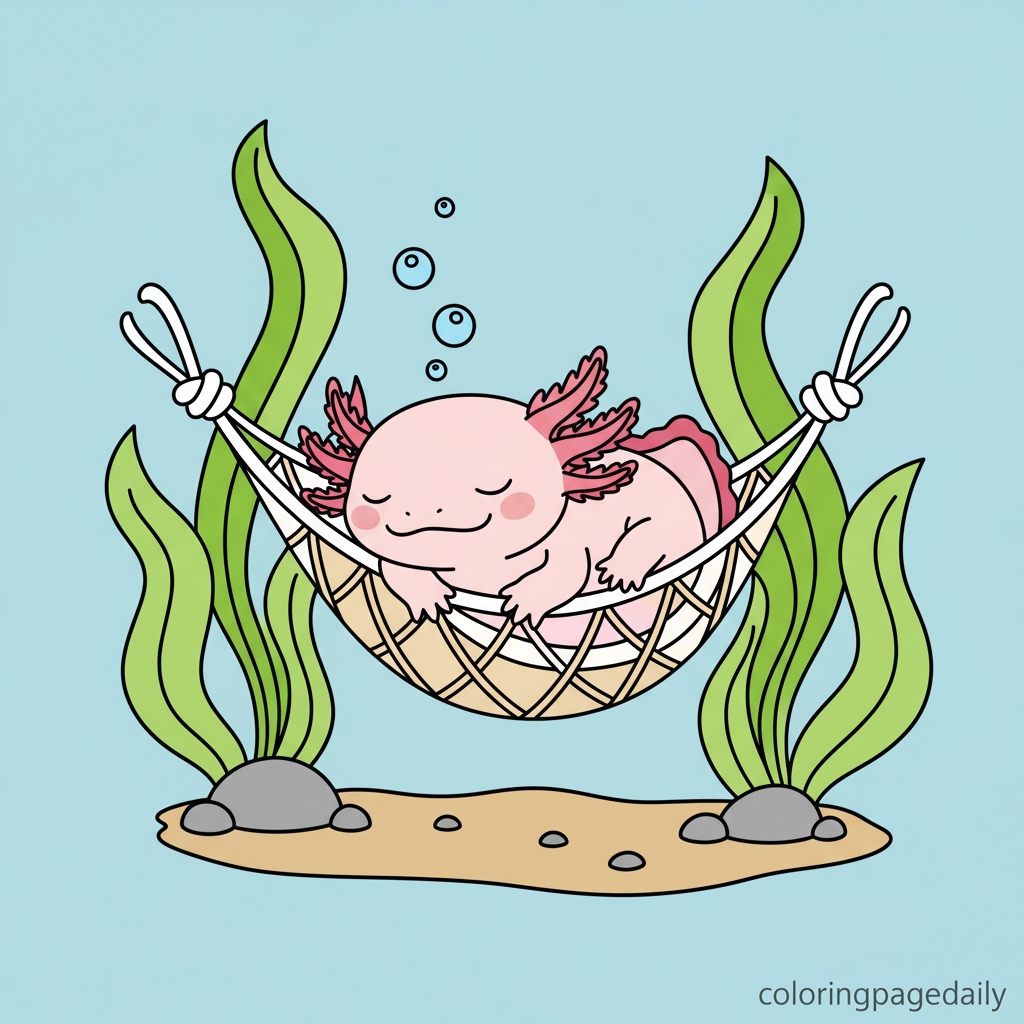 Axolotl Sleeping in Seaweed Hammock - Colored reference example for this printable coloring page