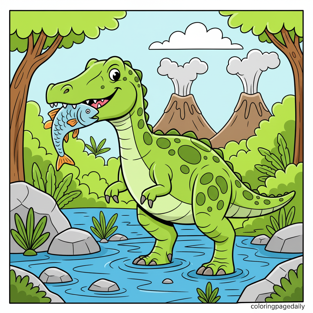 Baryonyx Catches a Fish - Colored reference example for this printable coloring page