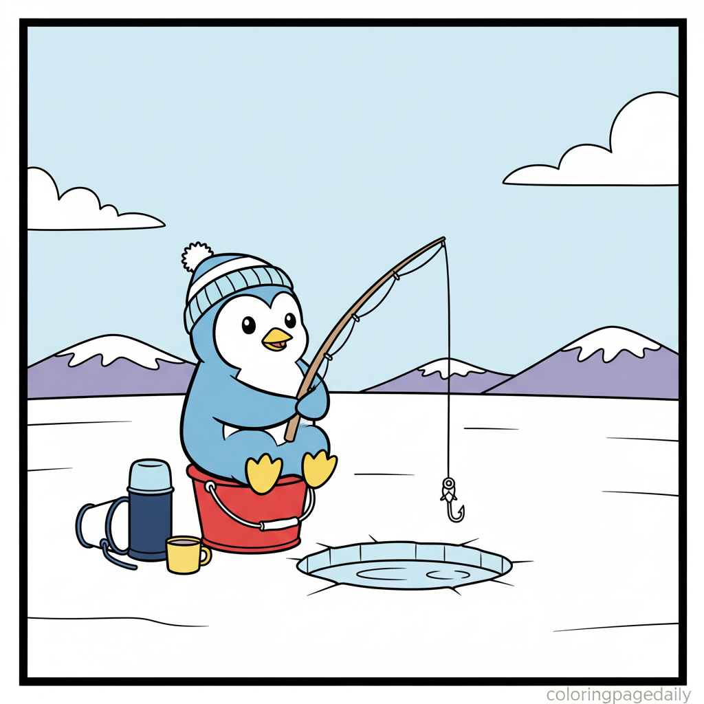 Penguin Ice Fishing - Colored reference example for this printable coloring page