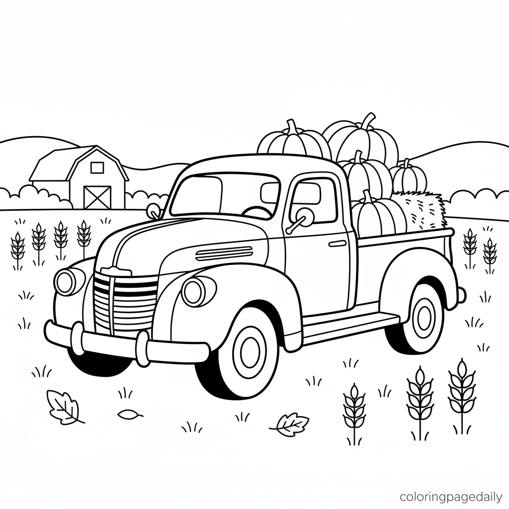 Harvest Pumpkin Truck - Black and white coloring page ready to print