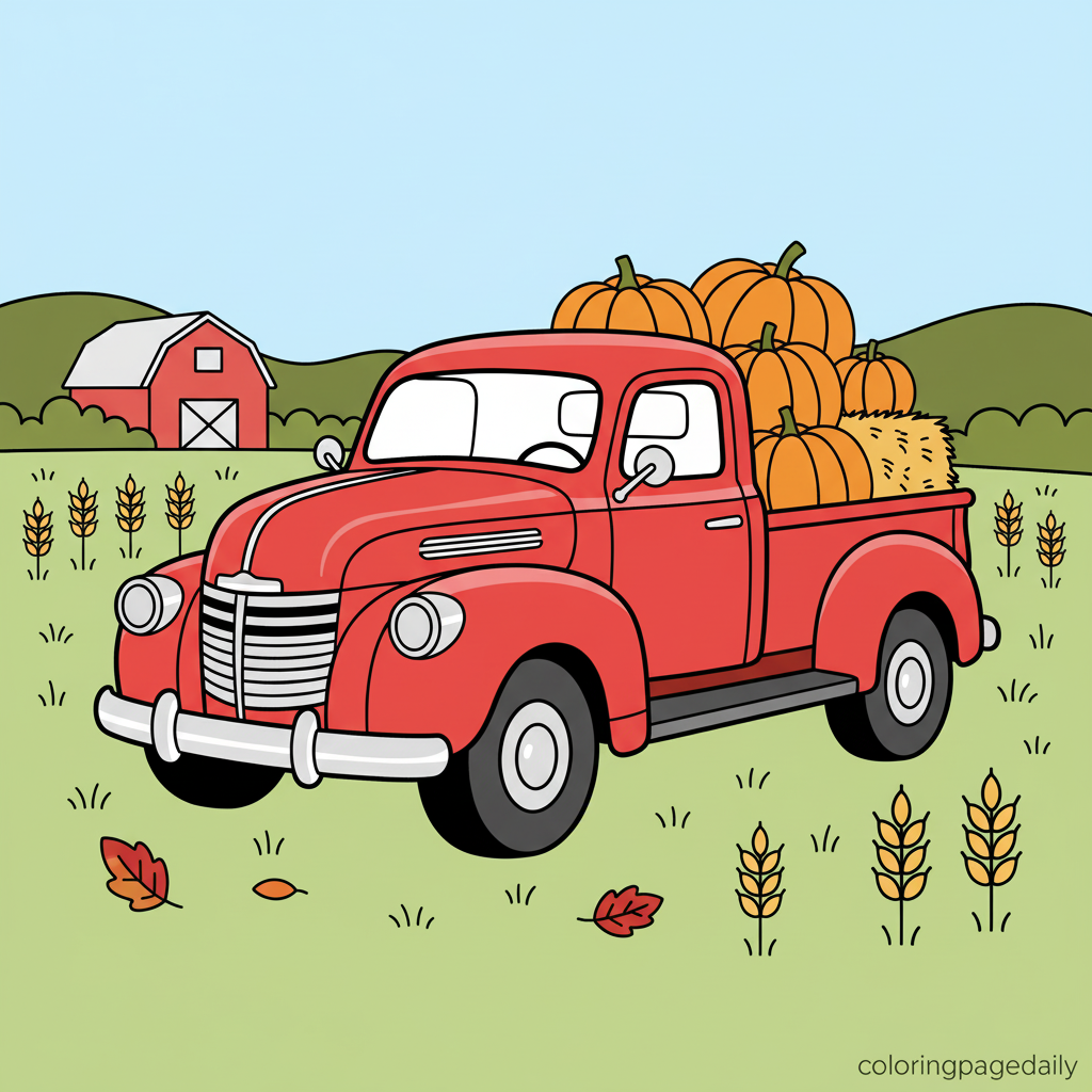 Harvest Pumpkin Truck - Colored reference example for this printable coloring page