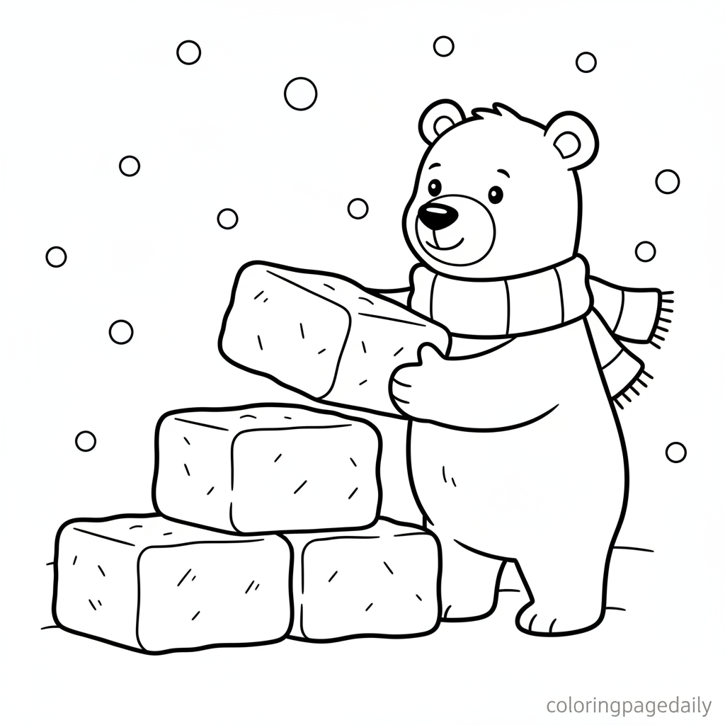 Polar Bear's Snow Fort - Black and white coloring page ready to print