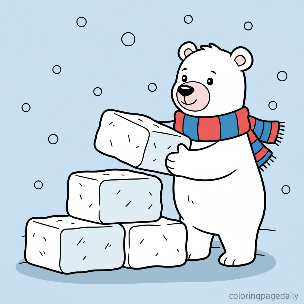 Polar Bear's Snow Fort - Colored reference example for this printable coloring page