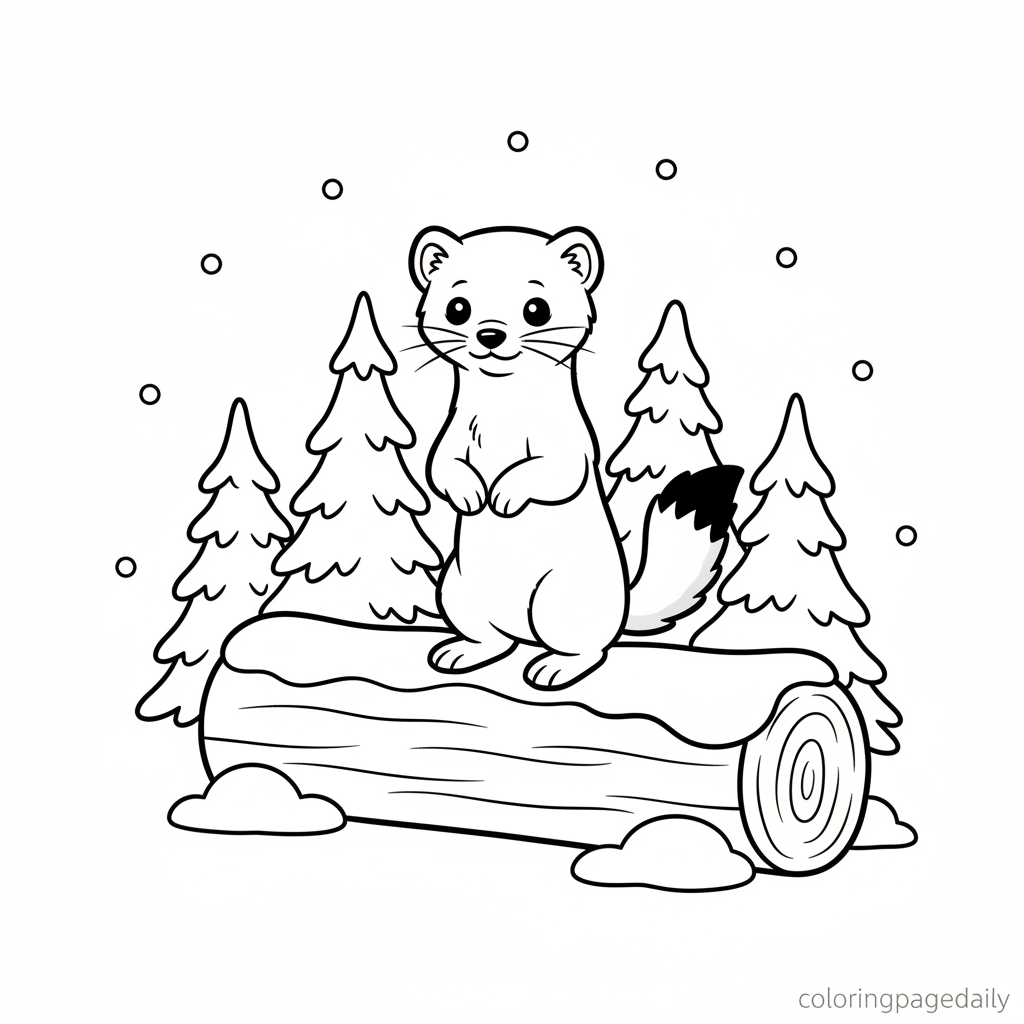 Ermine Standing in Snow - Black and white coloring page ready to print