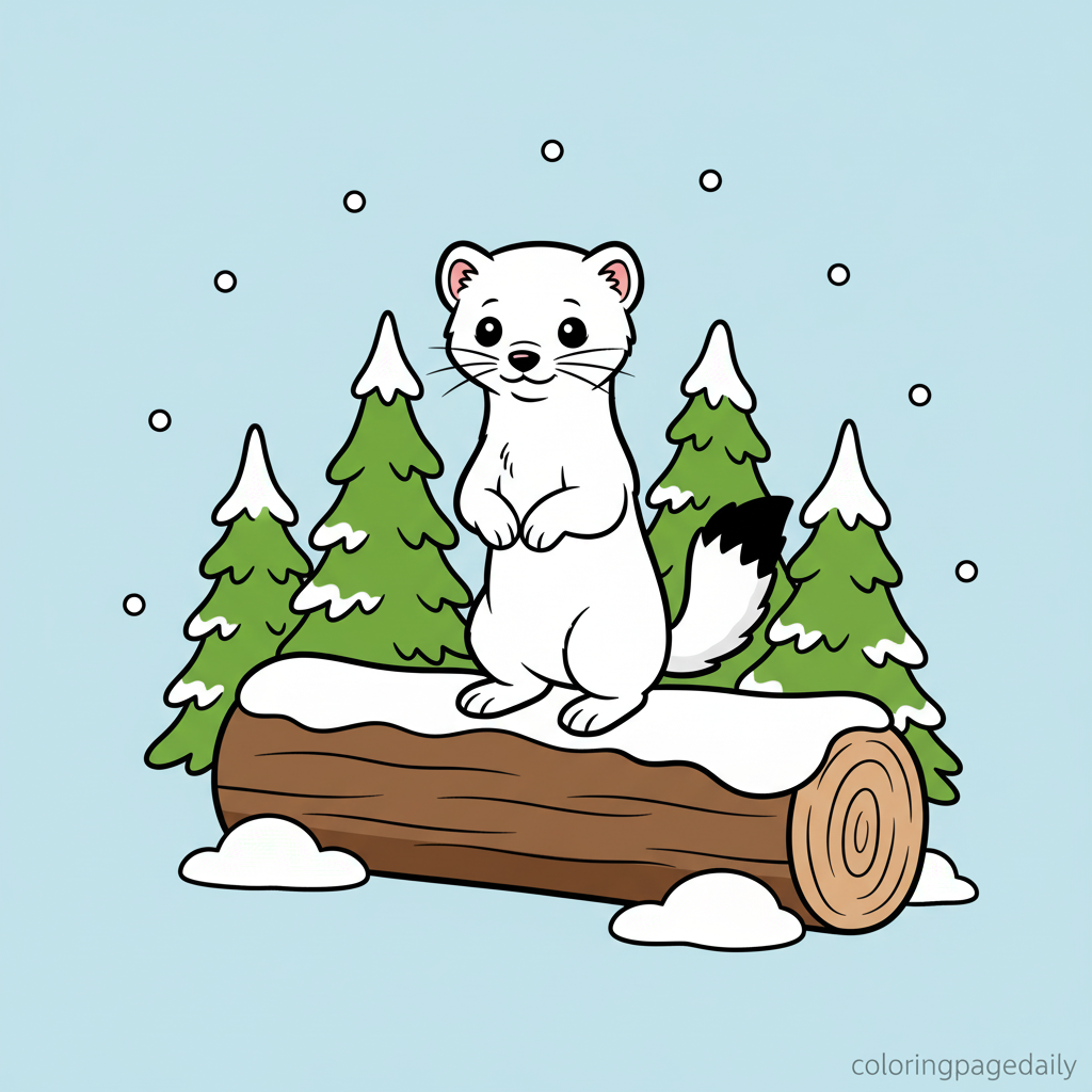 Ermine Standing in Snow - Colored reference example for this printable coloring page