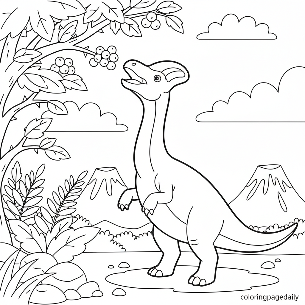 Corythosaurus Eating Berries - Black and white coloring page ready to print