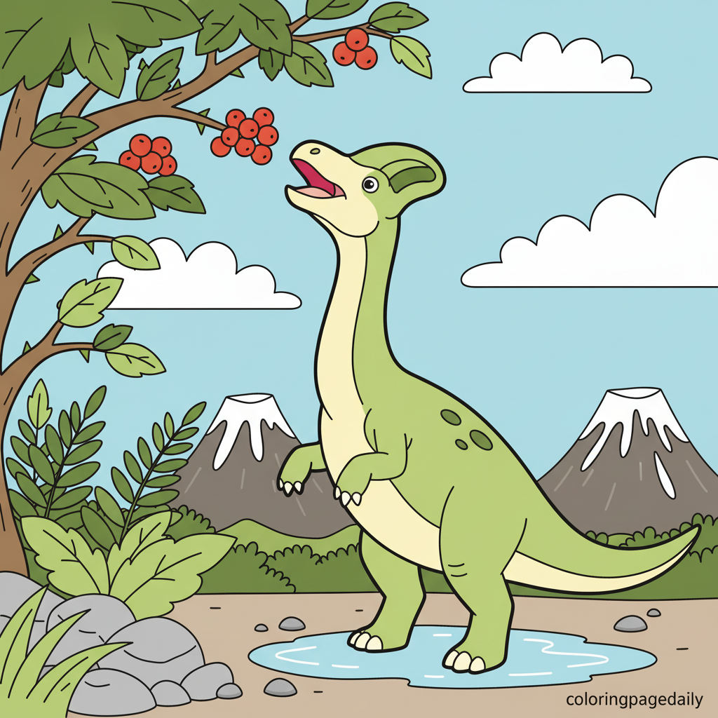 Corythosaurus Eating Berries - Colored reference example for this printable coloring page