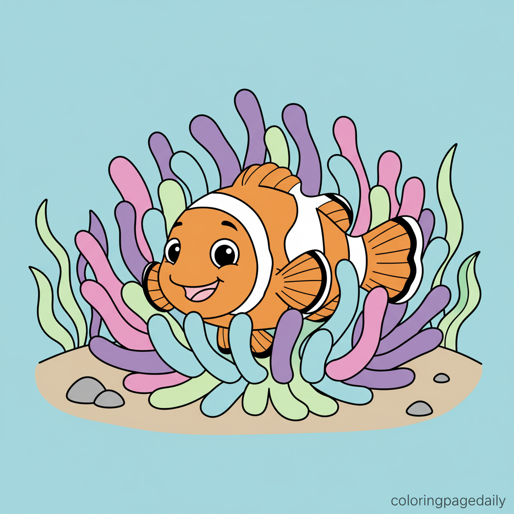 Clownfish in Sea Anemone - Colored reference example for this printable coloring page
