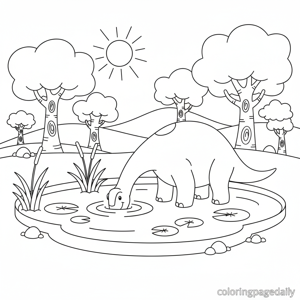 Diplodocus Drinking Water - Black and white coloring page ready to print