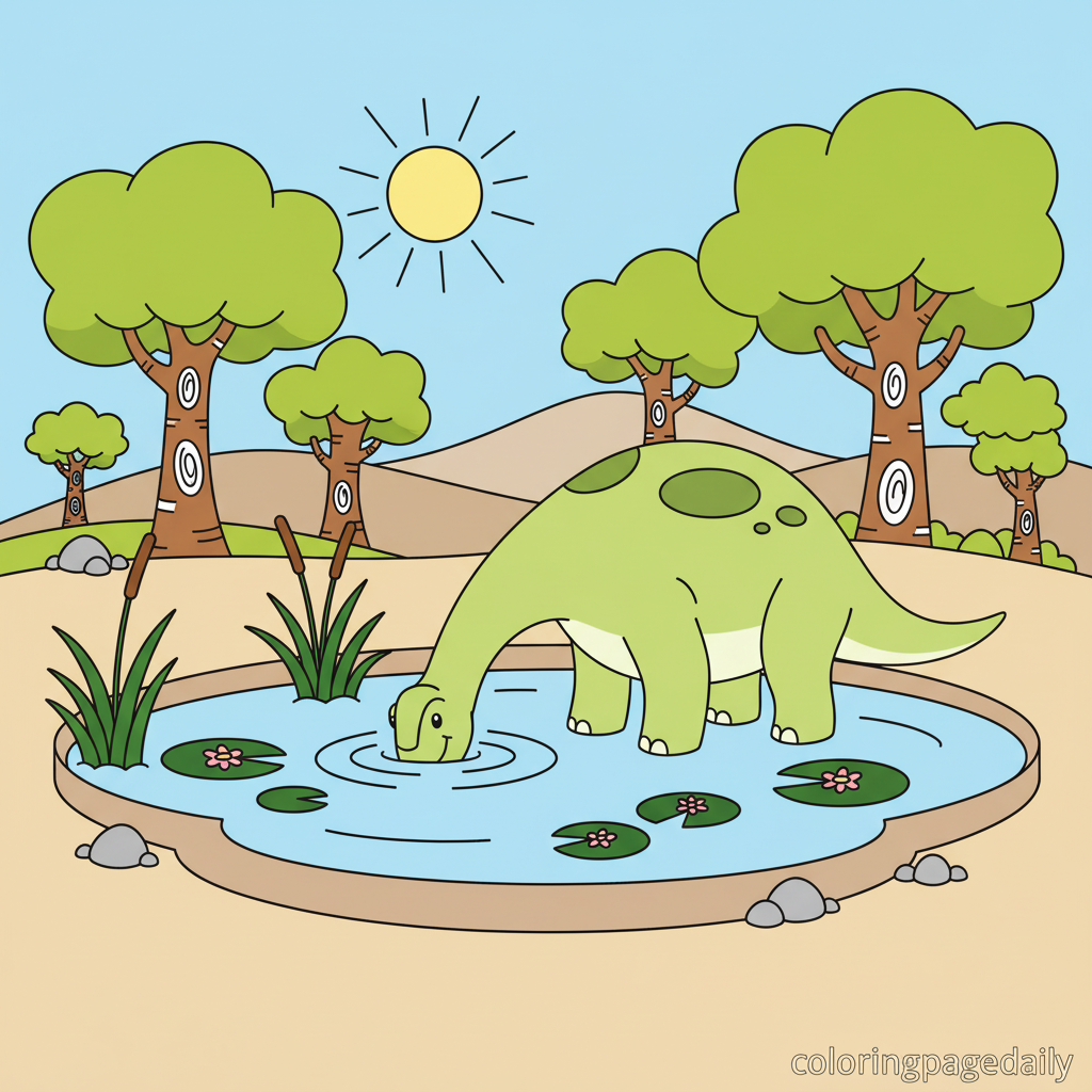 Diplodocus Drinking Water - Colored reference example for this printable coloring page