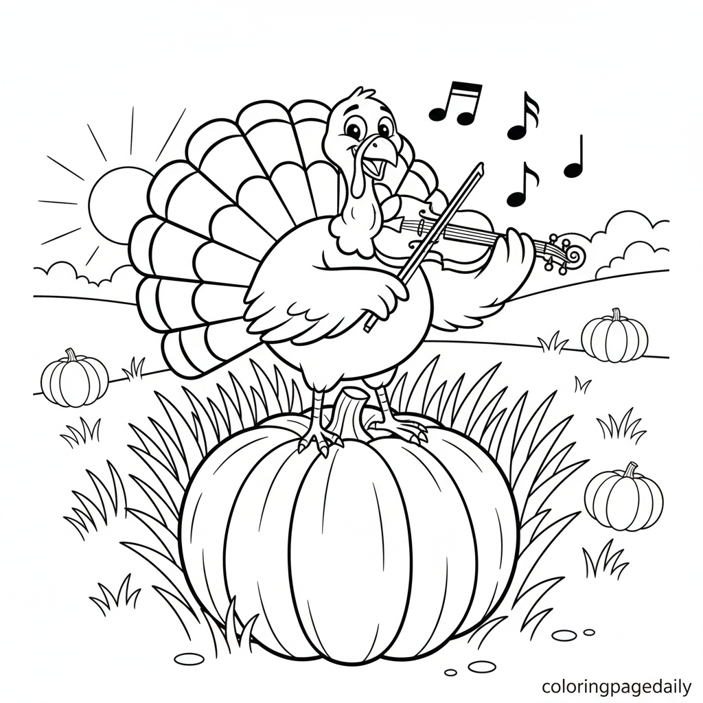 Turkey Playing the Fiddle - Black and white coloring page ready to print