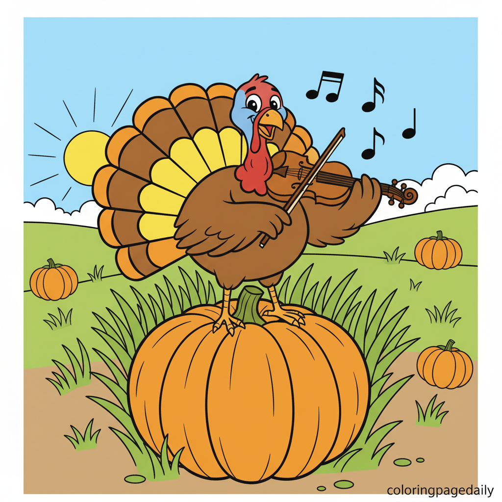 Turkey Playing the Fiddle - Colored reference example for this printable coloring page