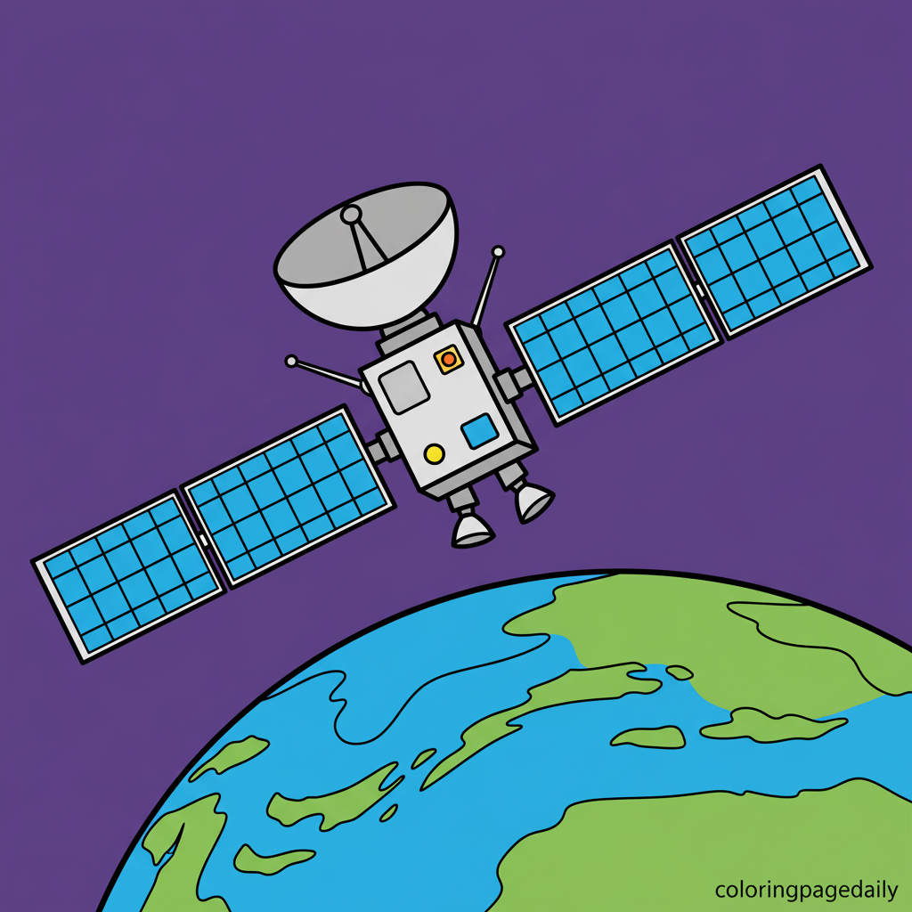 Satellite Orbiting Earth - Colored reference example for this printable coloring page