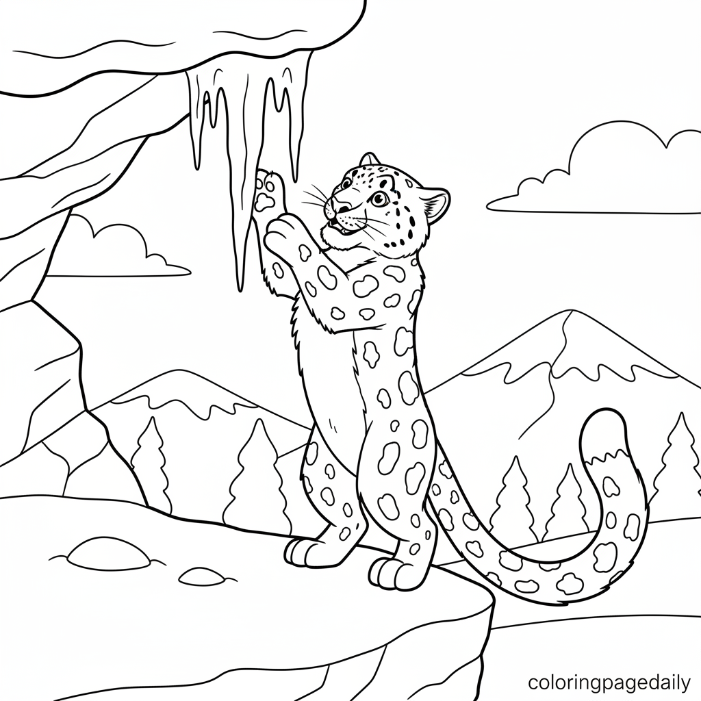 Snow Leopard Playing - Black and white coloring page ready to print