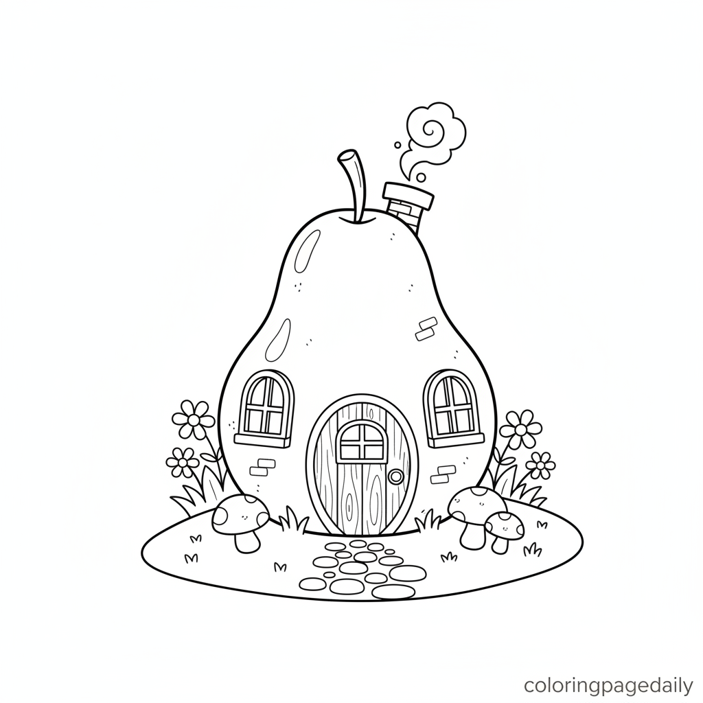 Whimsical Pear House - Black and white coloring page ready to print