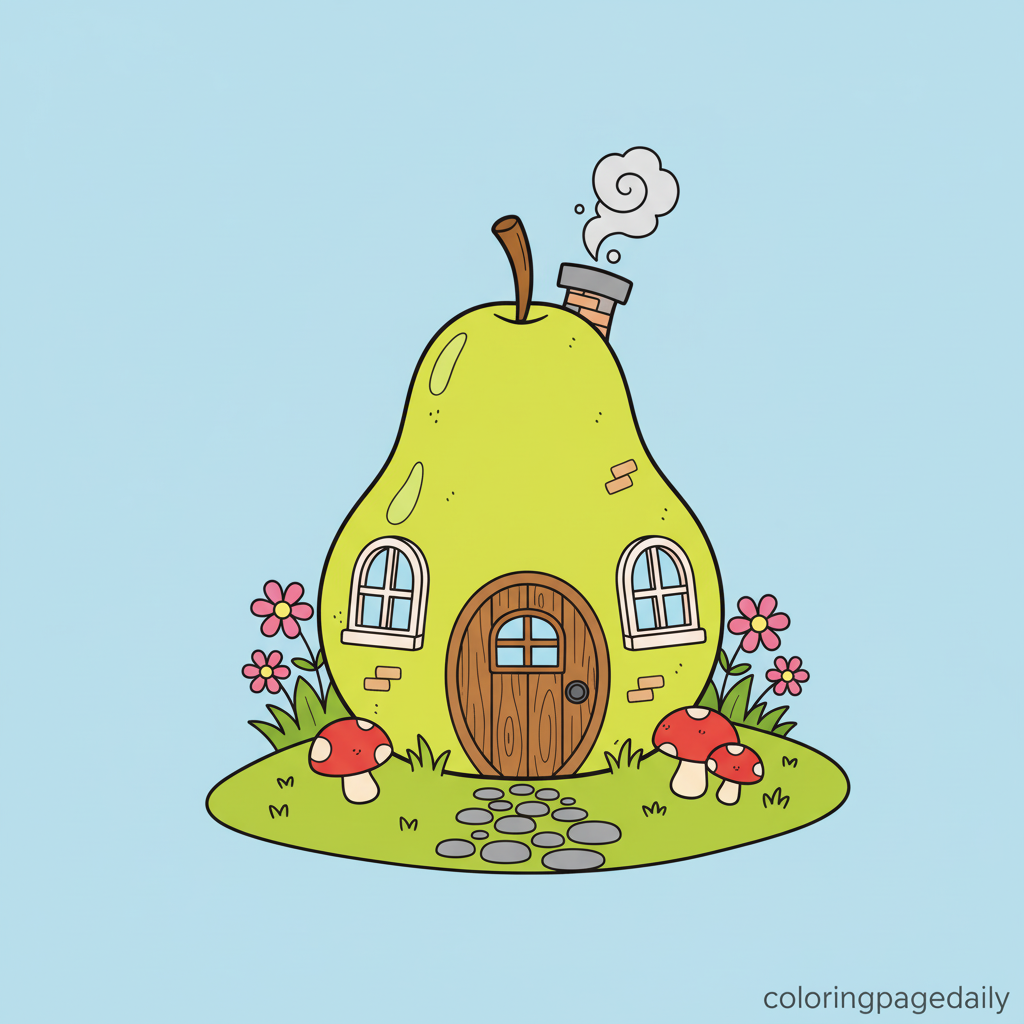 Whimsical Pear House - Colored reference example for this printable coloring page