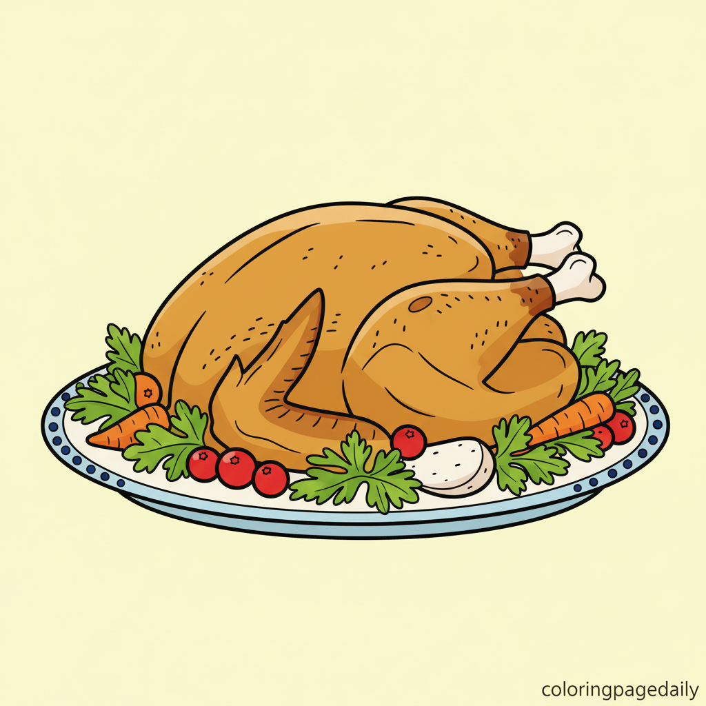 Roasted Turkey Platter - Colored reference example for this printable coloring page