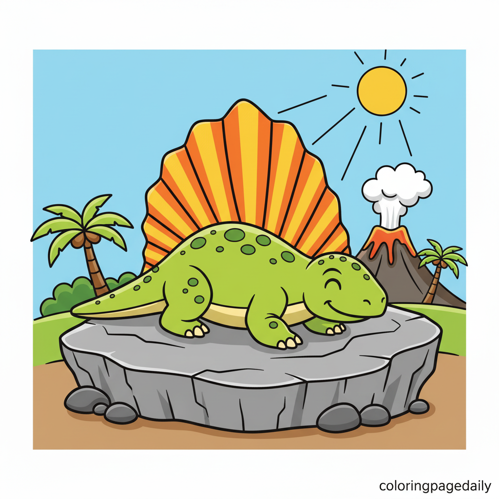 Dimetrodon Sunbathing Rock - Colored reference example for this printable coloring page