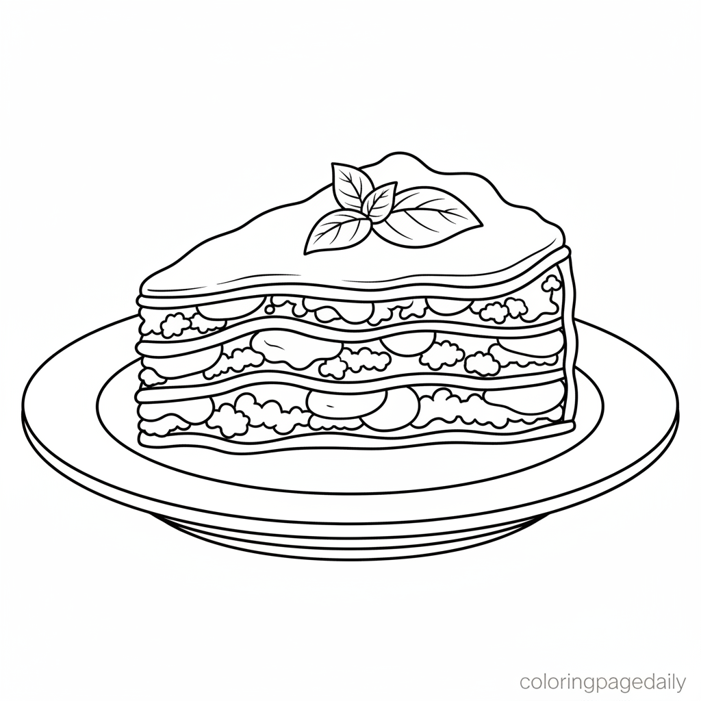 Cheesy Lasagna Slice - Black and white coloring page ready to print