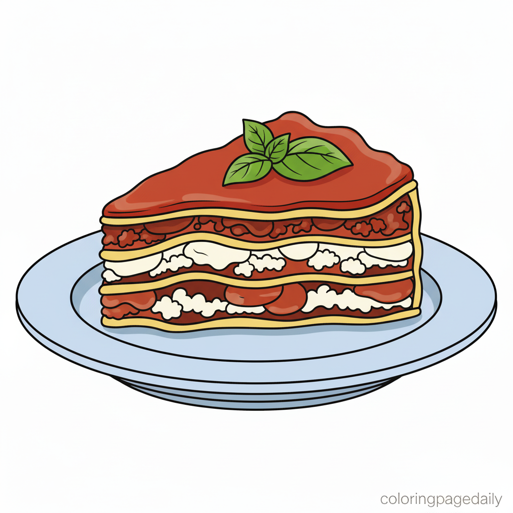 Cheesy Lasagna Slice - Colored reference example for this printable coloring page