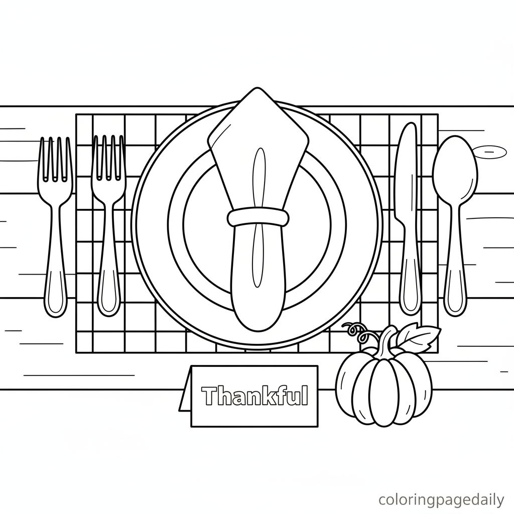 Thanksgiving Table Setting - Black and white coloring page ready to print