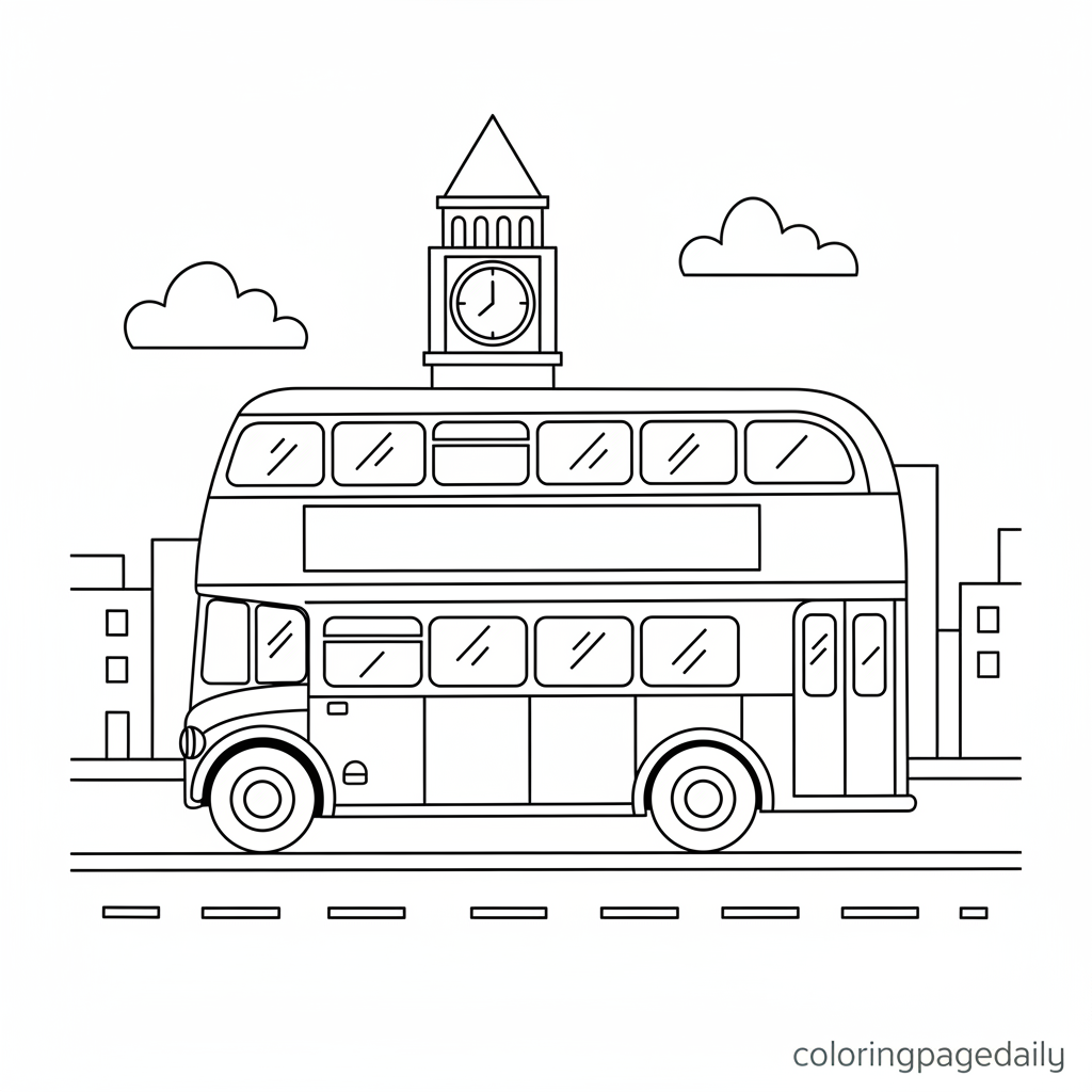 Double-Decker Bus Ride - Black and white coloring page ready to print