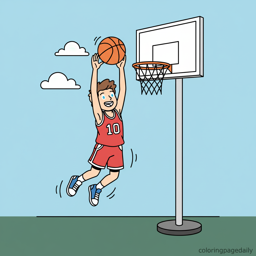 Basketball Player Shooting - Colored reference example for this printable coloring page