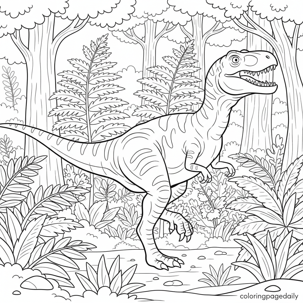 Running Allosaurus Dinosaur - Black and white coloring page ready to print