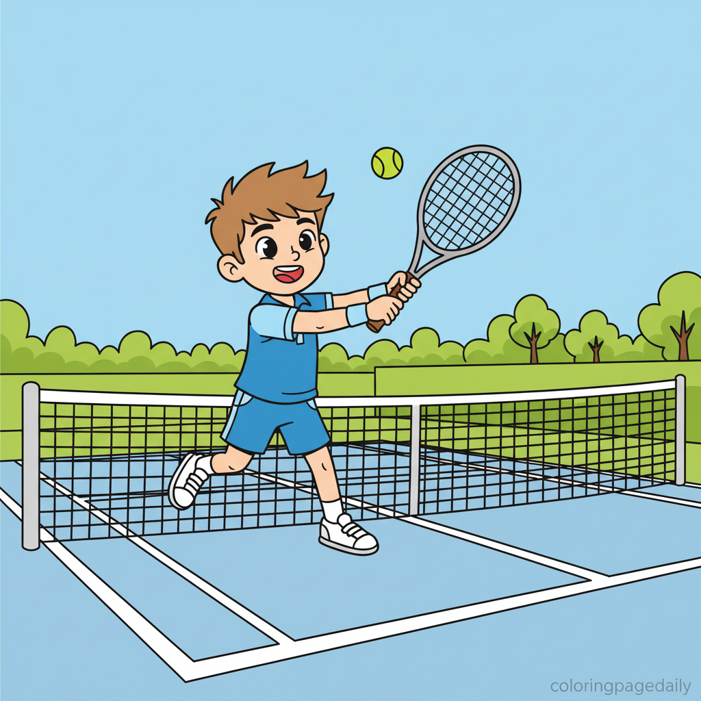 Tennis Player Serving - Colored reference example for this printable coloring page