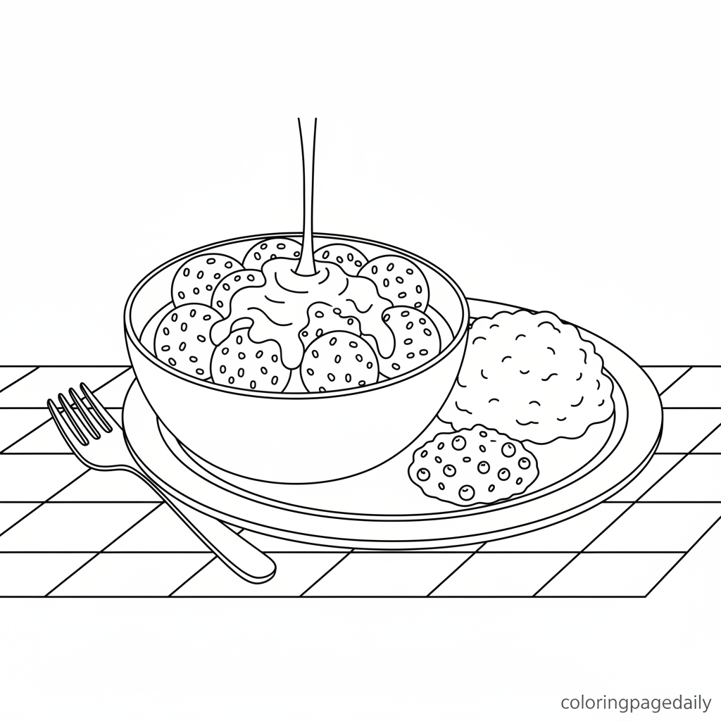 Tasty Swedish Meatballs - Black and white coloring page ready to print
