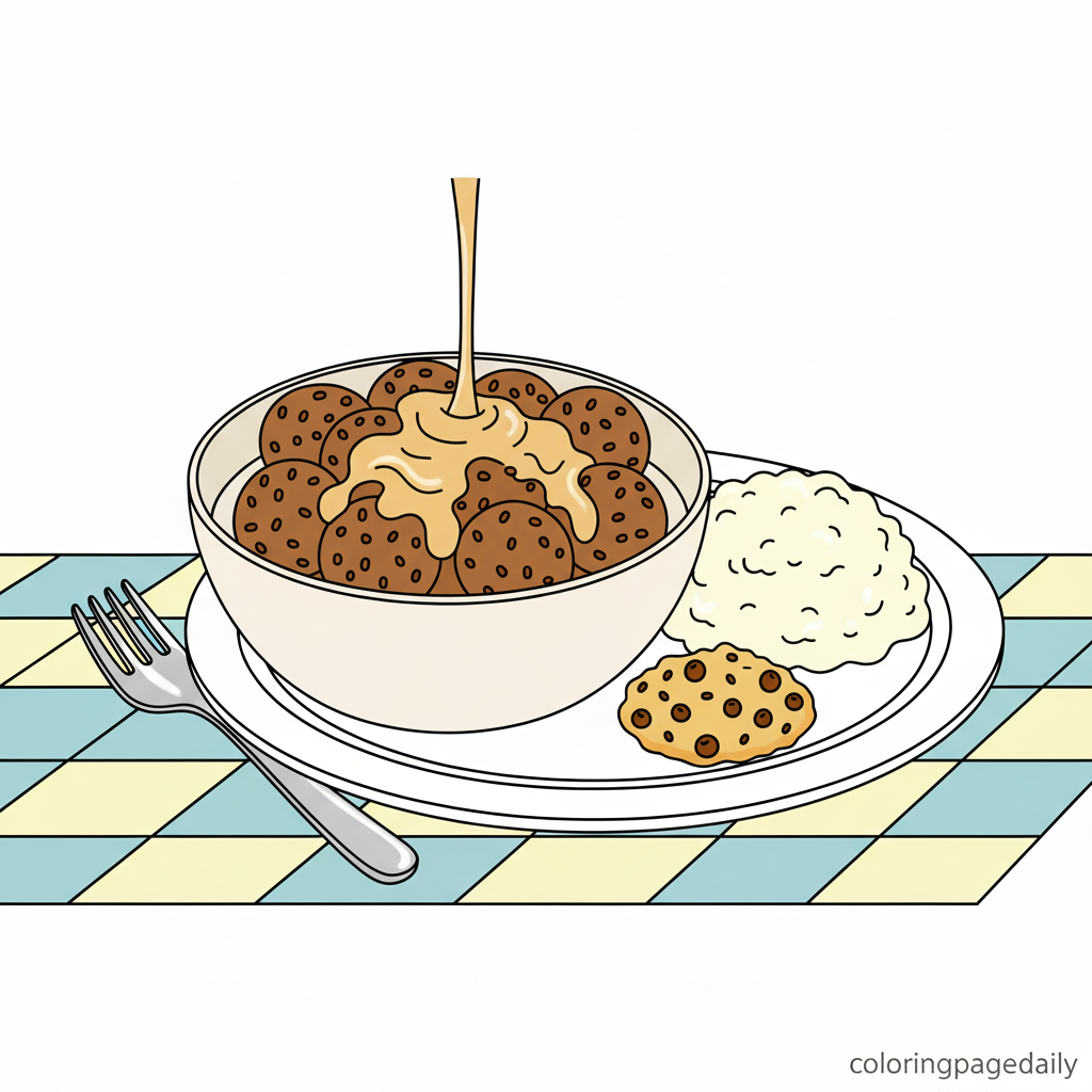 Tasty Swedish Meatballs - Colored reference example for this printable coloring page