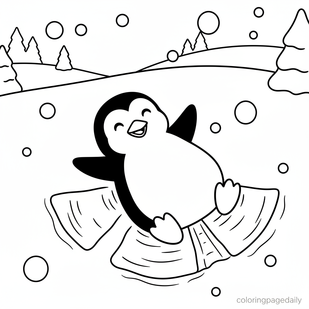 Penguin Making Snow Angel - Black and white coloring page ready to print