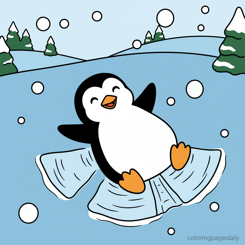 Penguin Making Snow Angel - Colored reference example for this printable coloring page