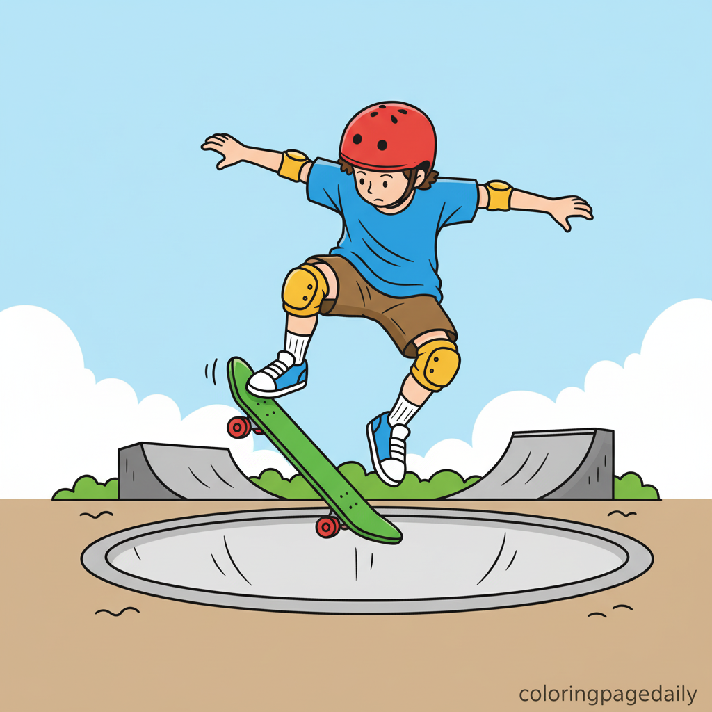 Skateboarder Jumping High - Colored reference example for this printable coloring page