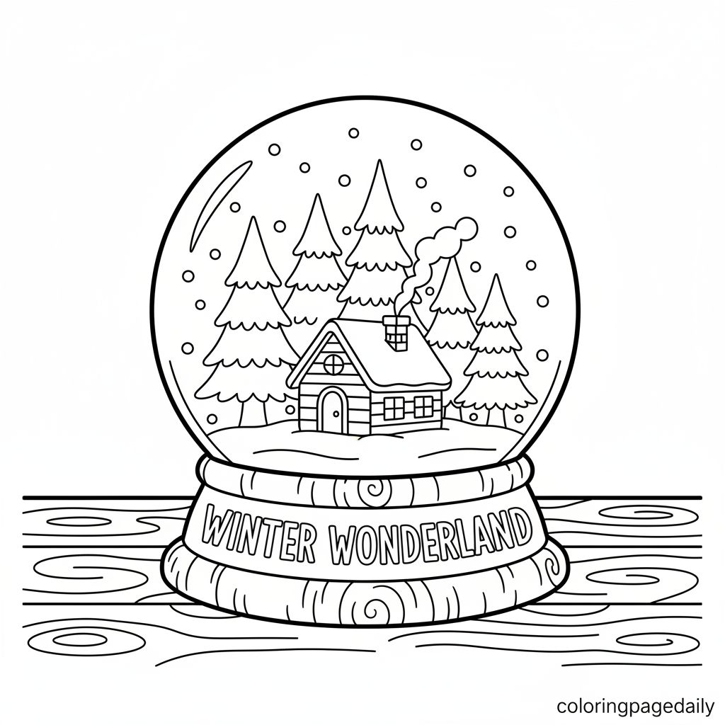 Festive Snow Globe Scene - Black and white coloring page ready to print