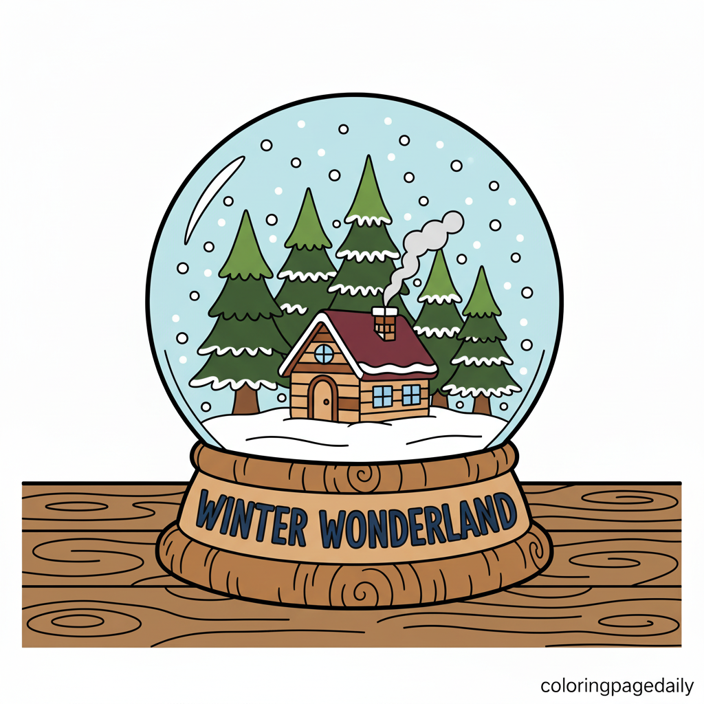 Festive Snow Globe Scene - Colored reference example for this printable coloring page
