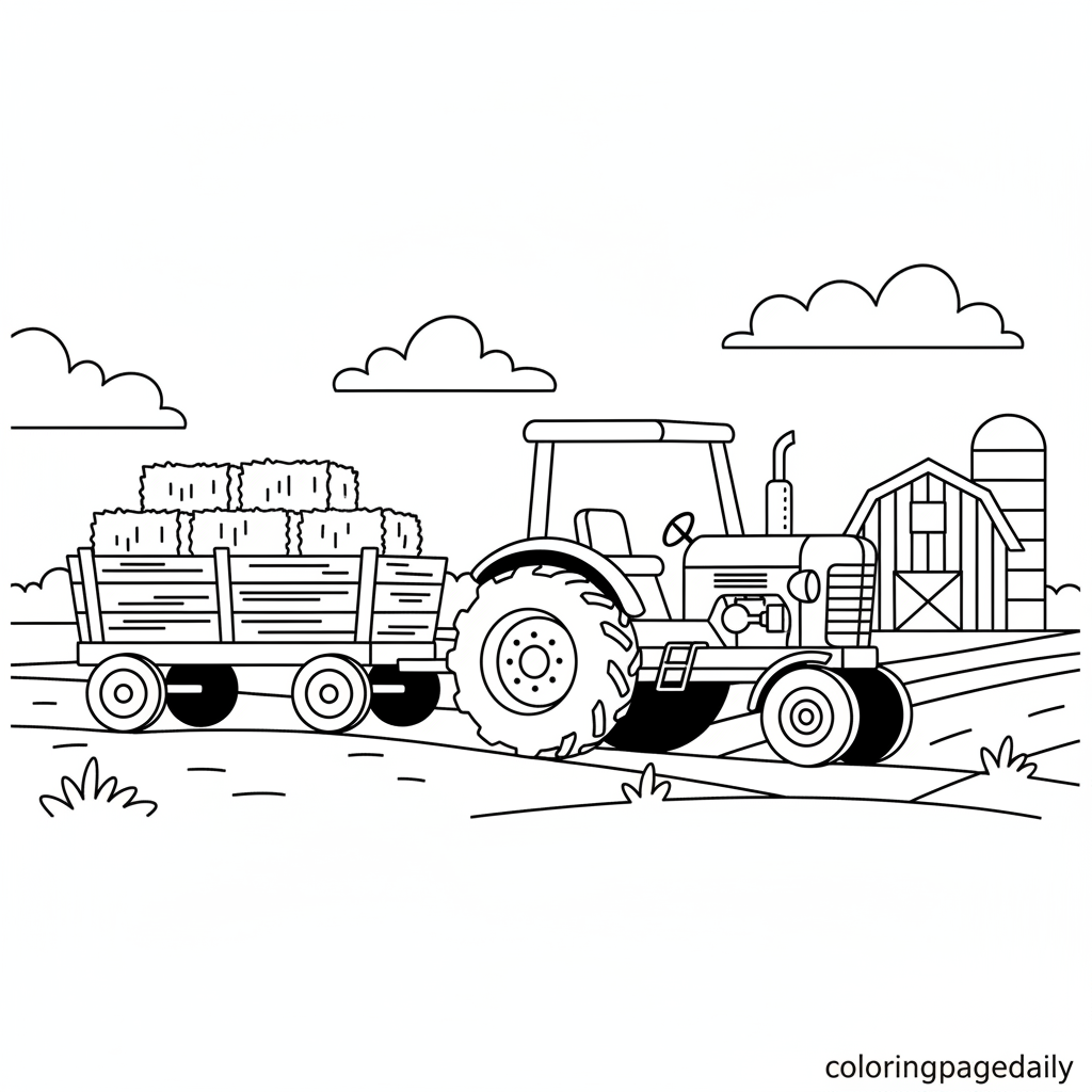 Farm Tractor Hayride - Black and white coloring page ready to print