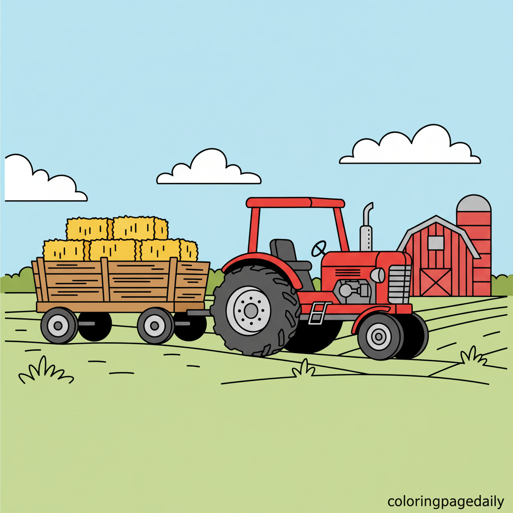 Farm Tractor Hayride - Colored reference example for this printable coloring page
