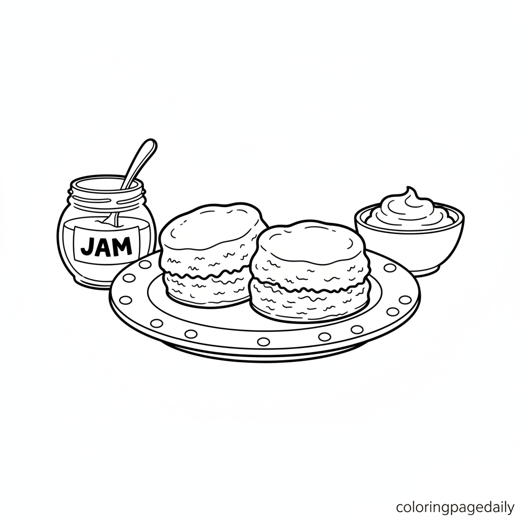 English Scones with Jam - Black and white coloring page ready to print